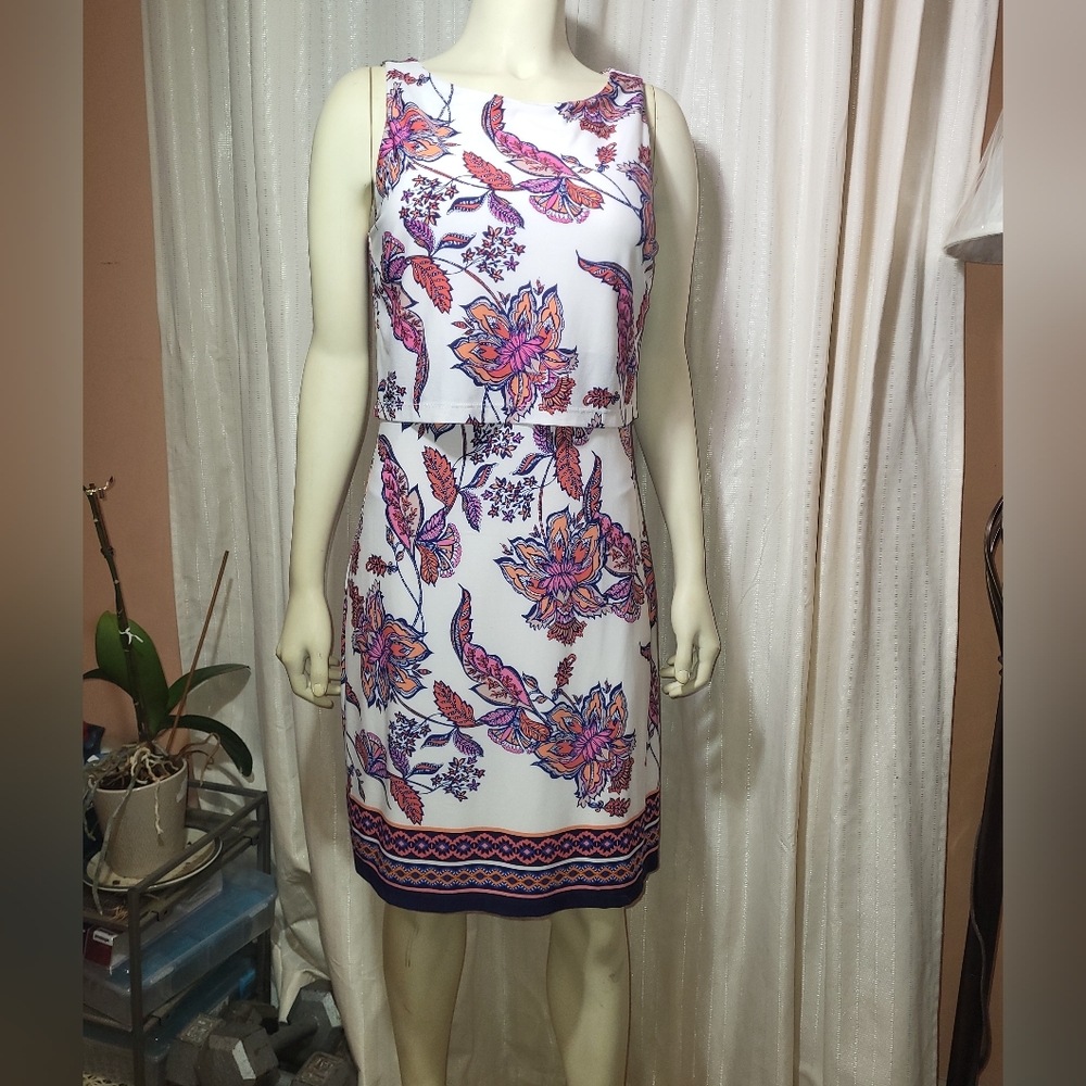 Vince Camuto White Floral Sheath Dress with Pink & Blue Accents